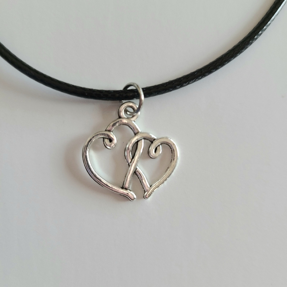 Silver Double Heart Black Faux Leather Cord Necklace - Picture 5 of 6